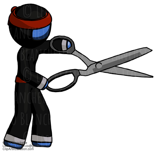 Blue Ninja Warrior Man Holding Giant Scissors Cutting Out Something #6830