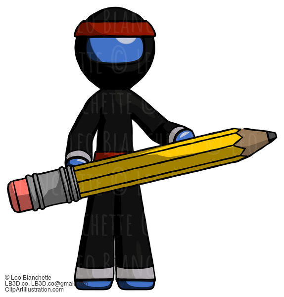 Blue Ninja Warrior Man Writer Or Blogger Holding Large Pencil #6842