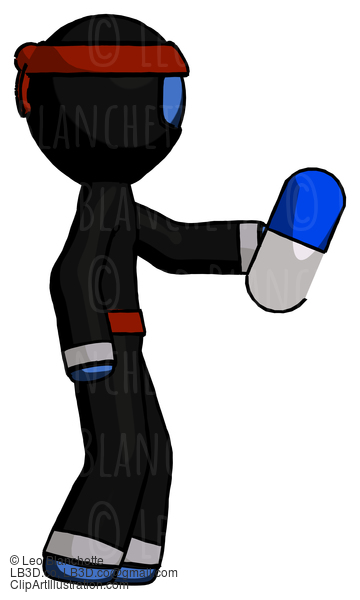 Blue Ninja Warrior Man Holding Blue Pill Walking To Right #6851