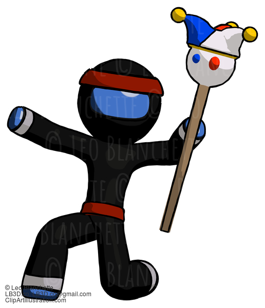 Blue Ninja Warrior Man Holding Jester Staff Posing Charismatically #6855