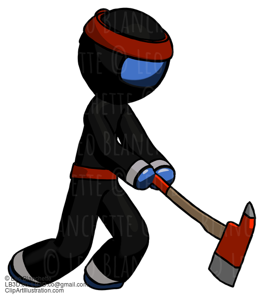 Blue Ninja Warrior Man Striking With A Red Firefighter’S Ax #6862