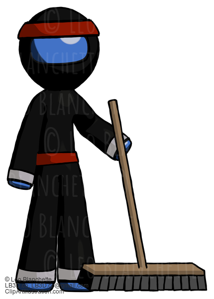 Blue Ninja Warrior Man Standing With Industrial Broom #6865