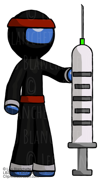 Blue Ninja Warrior Man Holding Large Syringe #6867