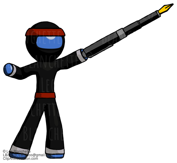 Blue Ninja Warrior Man Pen Is Mightier Than The Sword Calligraphy Pose #6874