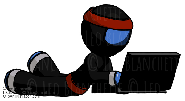 Blue Ninja Warrior Man Using Laptop Computer While Lying On Floor Side Angled View #6881