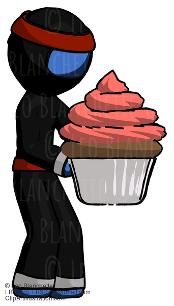 Blue Ninja Warrior Man Holding Large Cupcake Ready To Eat Or Serve #6885