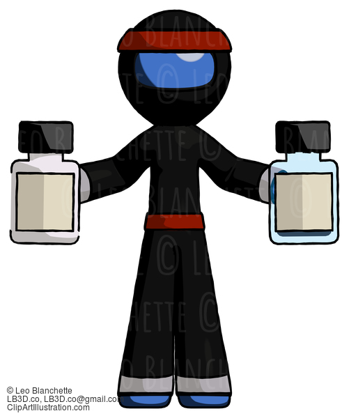 Blue Ninja Warrior Man Holding Two Medicine Bottles #6891