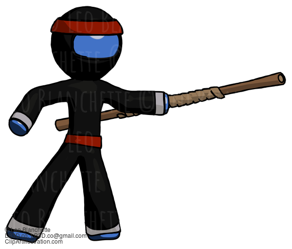 Blue Ninja Warrior Man Bo Staff Pointing Right Kung Fu Pose #6892