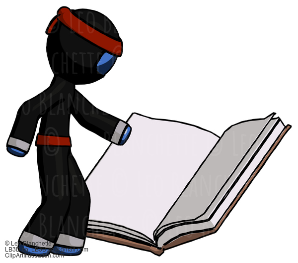 Blue Ninja Warrior Man Reading Big Book While Standing Beside It #6895