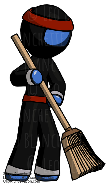 Blue Ninja Warrior Man Sweeping Area With Broom #6896