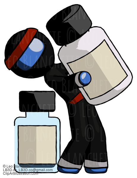 Blue Ninja Warrior Man Holding Large White Medicine Bottle With Bottle In Background #6897