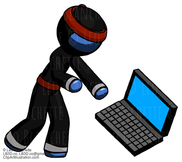 Blue Ninja Warrior Man Throwing Laptop Computer In Frustration #6899