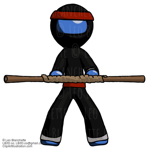 Blue Ninja Warrior Man Bo Staff Kung Fu Defense Pose #6910