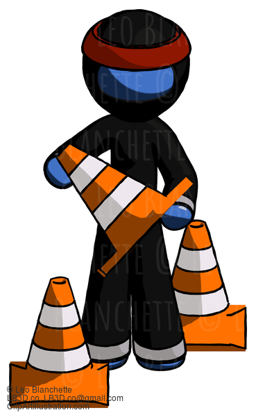 Blue Ninja Warrior Man Holding A Traffic Cone #6912