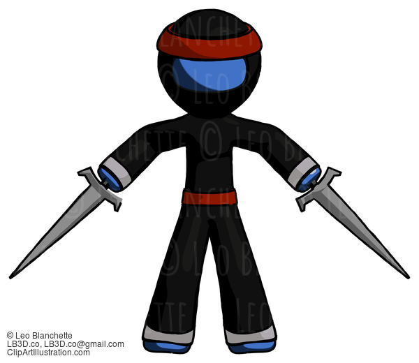 Blue Ninja Warrior Man Two Sword Defense Pose #6915