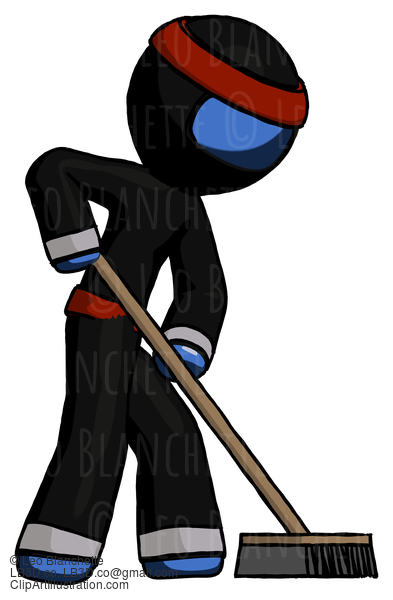 Blue Ninja Warrior Man Cleaning Services Janitor Sweeping Side View #6918