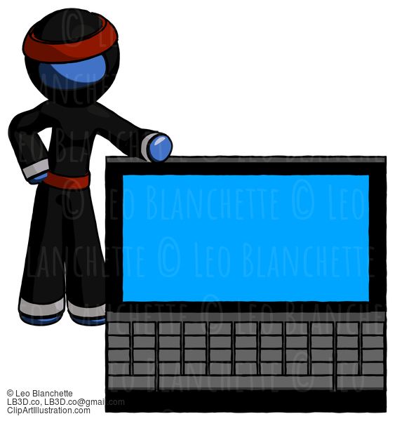 Blue Ninja Warrior Man Beside Large Laptop Computer, Leaning Against It #6930