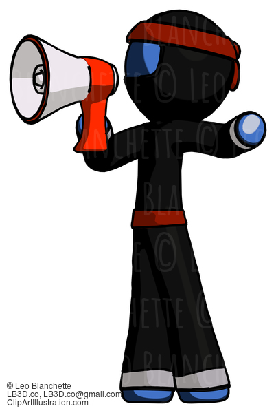 Blue Ninja Warrior Man Shouting Into Megaphone Bullhorn Facing Left #6934