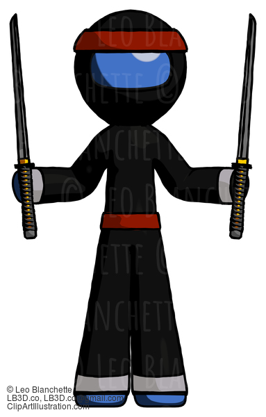 Blue Ninja Warrior Man Posing With Two Ninja Sword Katanas Up #6938