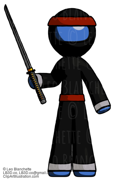 Blue Ninja Warrior Man Standing Up With Ninja Sword Katana #6947