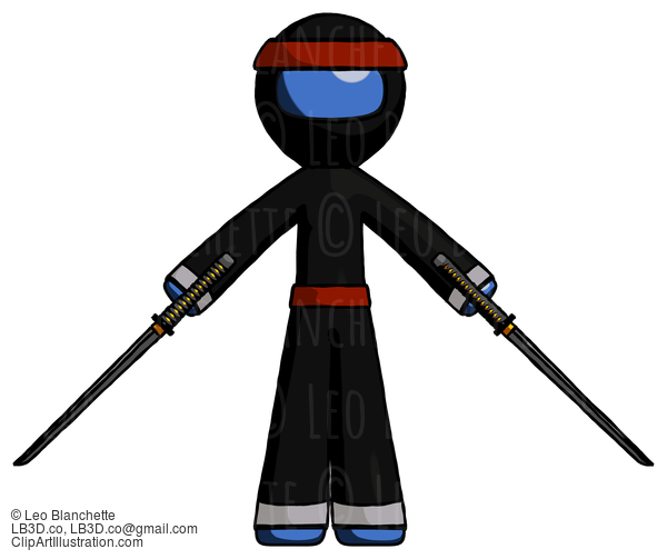 Blue Ninja Warrior Man Posing With Two Ninja Sword Katanas #6952