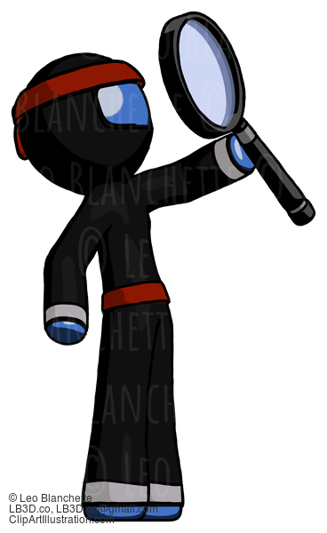 Blue Ninja Warrior Man Inspecting With Large Magnifying Glass Facing Up #6954