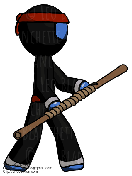 Blue Ninja Warrior Man Holding Bo Staff In Sideways Defense Pose #6961