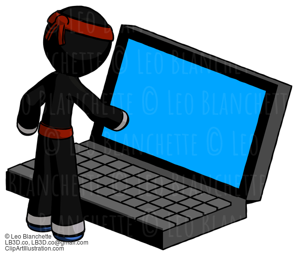 Blue Ninja Warrior Man Using Large Laptop Computer #6963