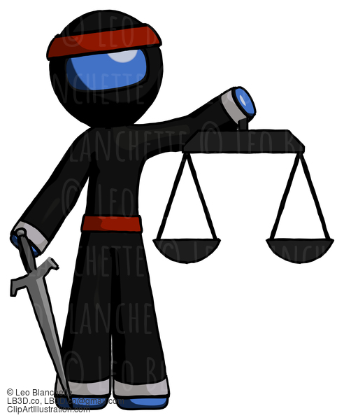 Blue Ninja Warrior Man Justice Concept With Scales And Sword, Justicia Derived #6983