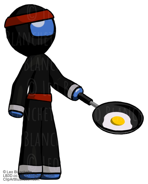 Blue Ninja Warrior Man Frying Egg In Pan Or Wok Facing Right #6986