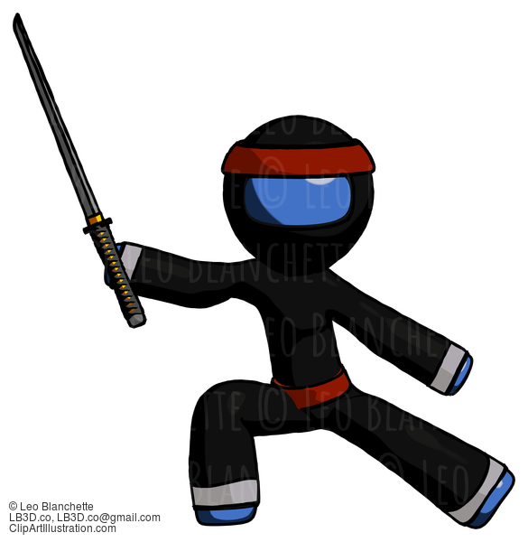 Blue Ninja Warrior Man With Ninja Sword Katana In Defense Pose #6988