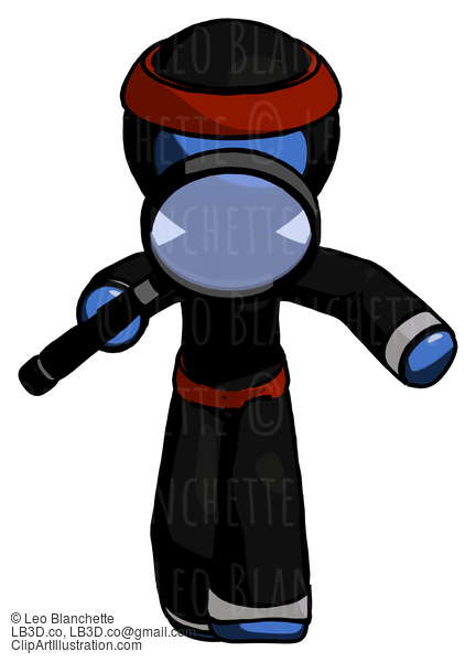 Blue Ninja Warrior Man Looking Down Through Magnifying Glass #6995