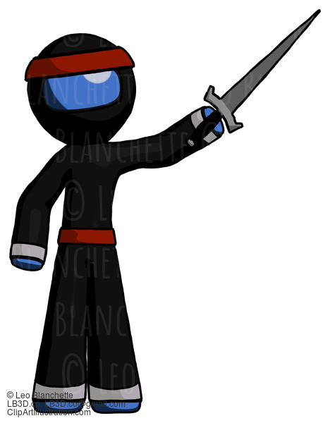 Blue Ninja Warrior Man Holding Sword In The Air Victoriously #7000