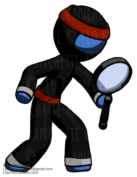 Blue Ninja Warrior Man Inspecting With Large Magnifying Glass Right #7004