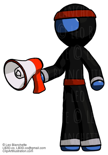 Blue Ninja Warrior Man Holding Megaphone Bullhorn Facing Right #7005