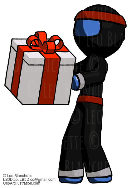 Blue Ninja Warrior Man Presenting A Present With Large Red Bow On It #7007