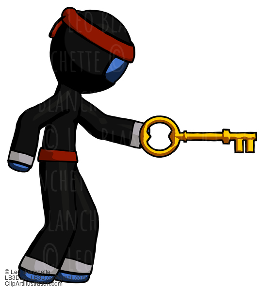 Blue Ninja Warrior Man With Big Key Of Gold Opening Something #7010