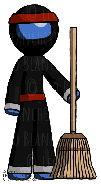 Blue Ninja Warrior Man Standing With Broom Cleaning Services #7013