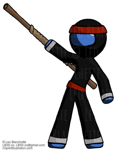 Blue Ninja Warrior Man Bo Staff Pointing Up Pose #7014