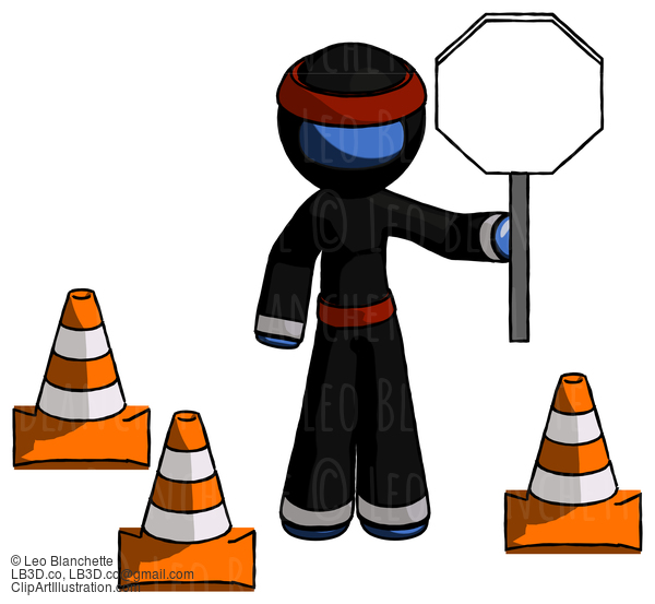 Blue Ninja Warrior Man Holding Stop Sign By Traffic Cones Under Construction Concept #7015