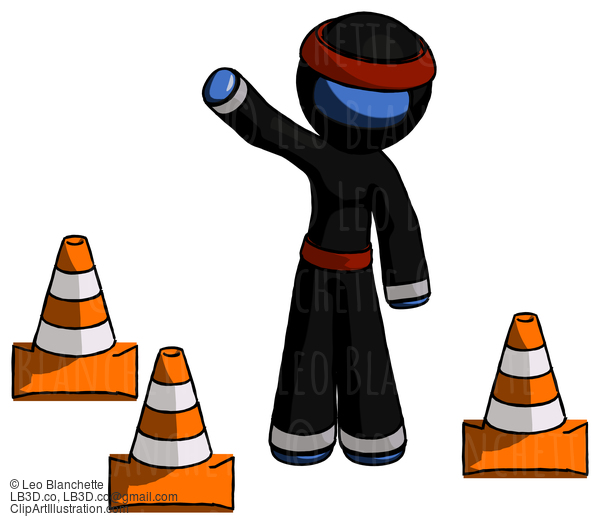 Blue Ninja Warrior Man Standing By Traffic Cones Waving #7024