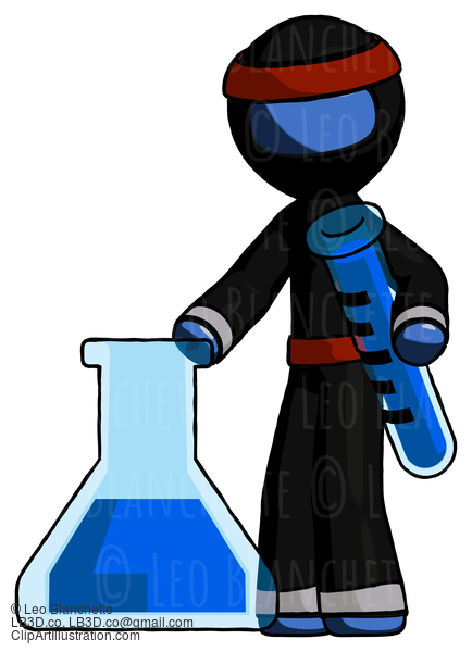 Blue Ninja Warrior Man Holding Test Tube Beside Beaker Or Flask #7028