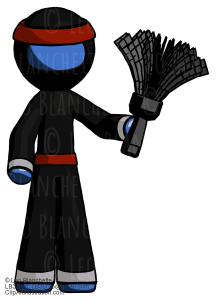 Blue Ninja Warrior Man Holding Feather Duster Facing Forward #7035