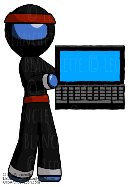 Blue Ninja Warrior Man Holding Laptop Computer Presenting Something On Screen #7037