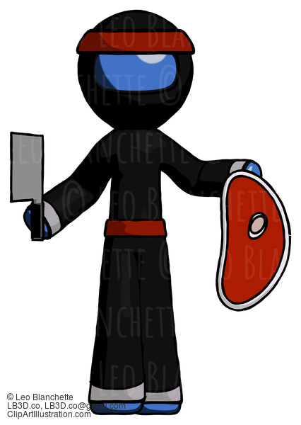 Blue Ninja Warrior Man Holding Large Steak With Butcher Knife #7039