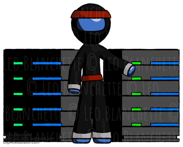 Blue Ninja Warrior Man With Server Racks, In Front Of Two Networked Systems #7048