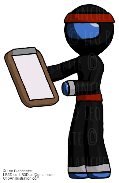 Blue Ninja Warrior Man Reviewing Stuff On Clipboard #7056