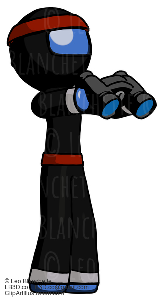 Blue Ninja Warrior Man Holding Binoculars Ready To Look Right #7070