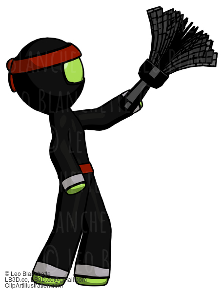 Green Ninja Warrior Man Dusting With Feather Duster Upwards #5247