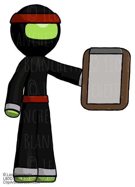 Green Ninja Warrior Man Showing Clipboard To Viewer #5249